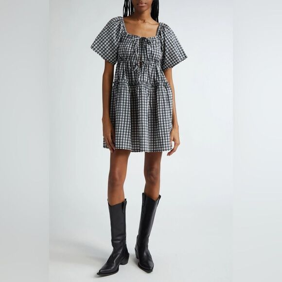 NWT GANNI Check Seersucker Tiered Minidress - Picture 3 of 10